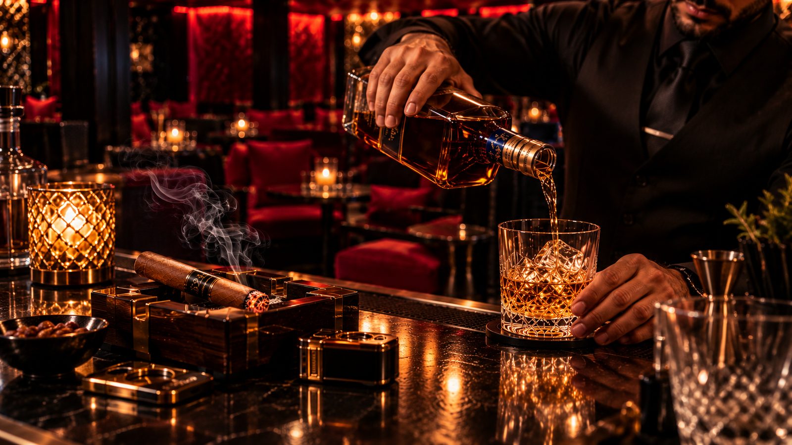 Bartender pouring whiskey beside a smoking cigar