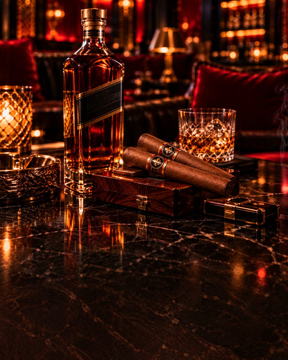 A bottle of whiskey, a crystal glass and cigars on the bar